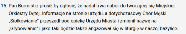 Fragment ogłoszeń parafialnych z bazyliki w Grybowie – 5 kwietnia 2026